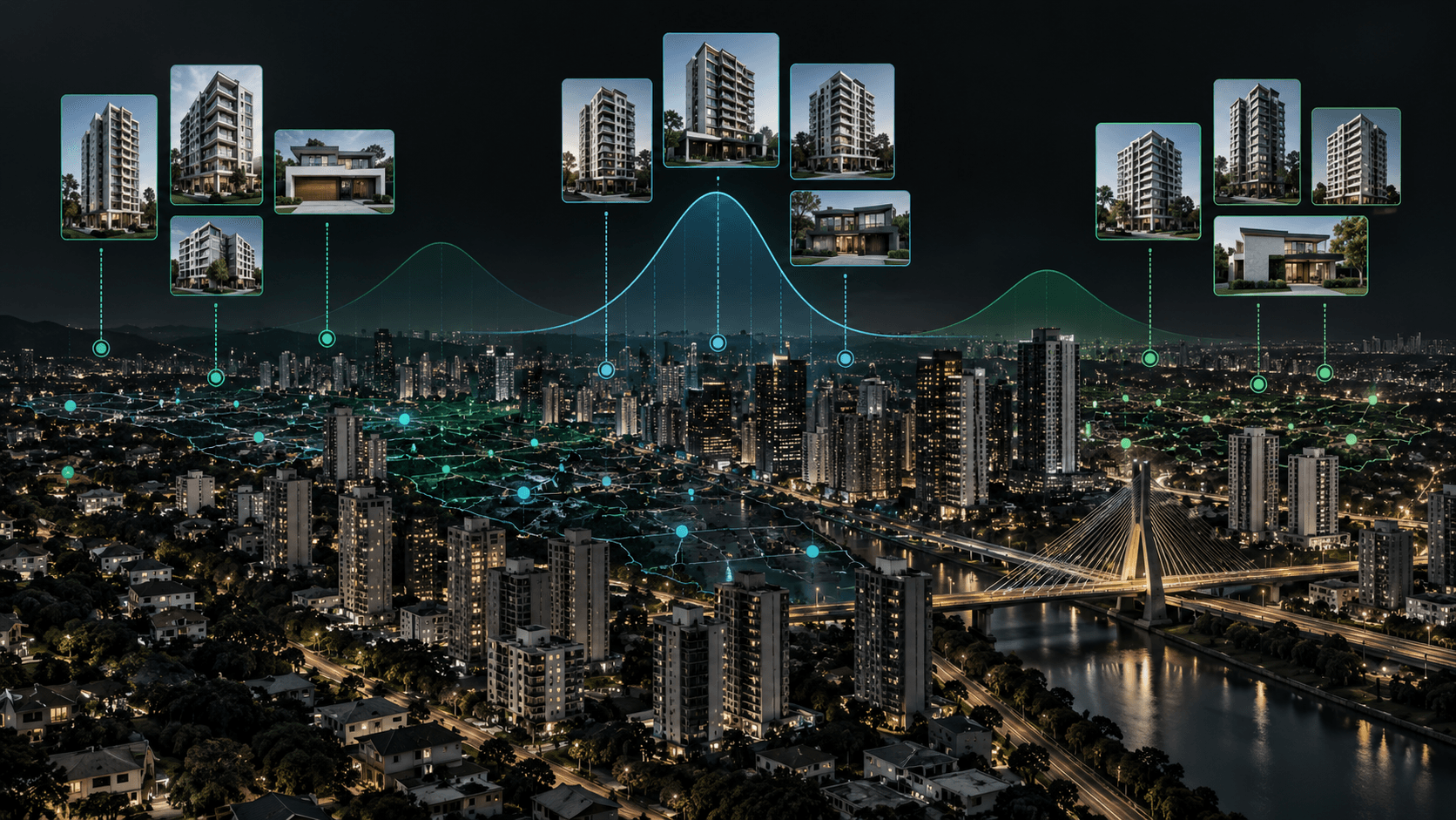 Cidade com edifícios comparáveis conectados a distribuições estatísticas abstratas