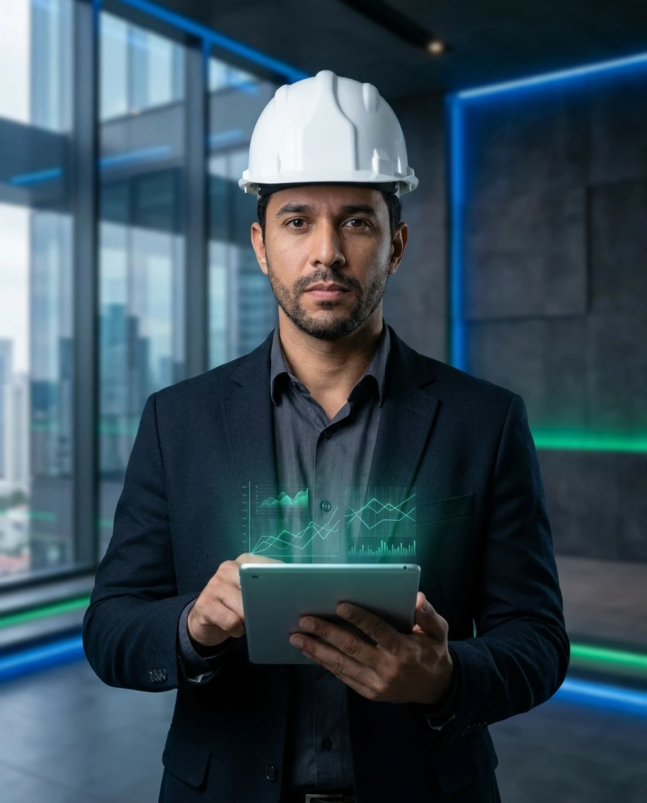 Perito com capacete e tablet analisando gráficos da plataforma